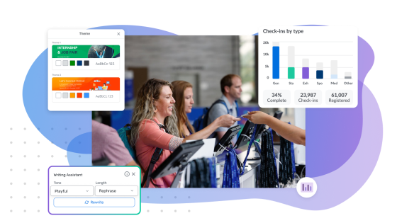 A collage of images showing event check-in and a writing assistant pop-up menu.