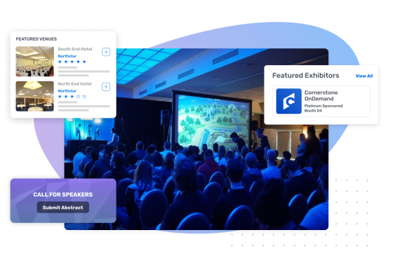 Illustration of a trade show with people and booths, and text describing the event.