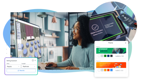 A woman is working on a computer and a writing assistant is shown on the side.