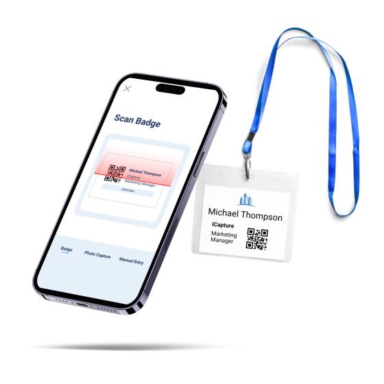 Badge scan app with phone and badge on a black background.