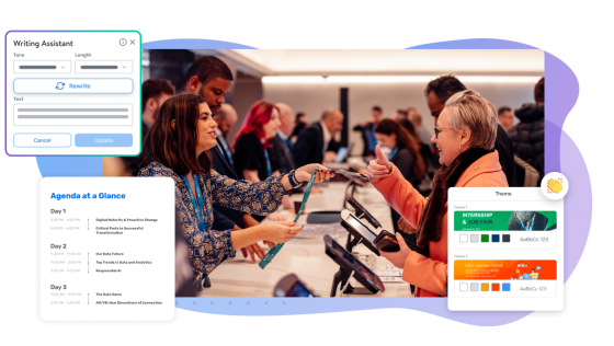 Non-Profit Value Prop 1 with a conference hall, a meeting schedule, and a theme editor.
