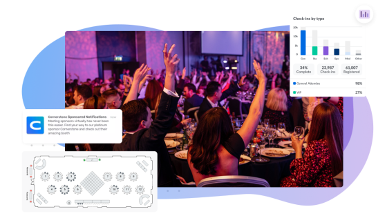 A collage with charts, a seating map, and a photo of people at a banquet.