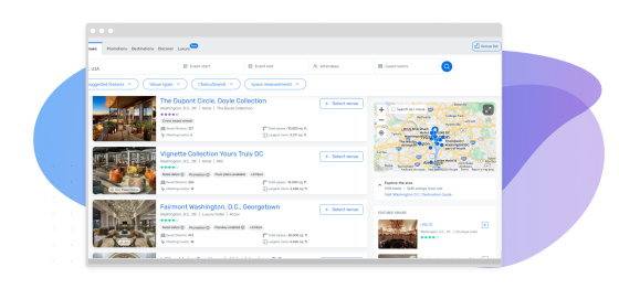 Right Venue screenshot of Washington, D.C. hotels search results.