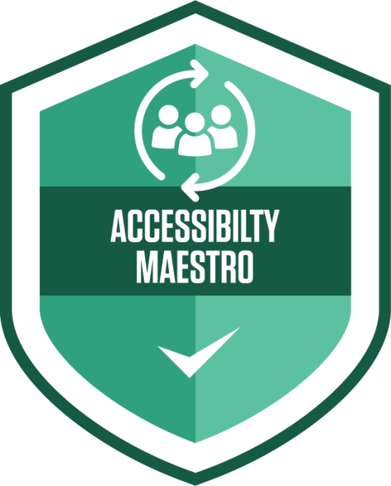Accessibility Maestro badge with people icon, white and green background, and a check mark.