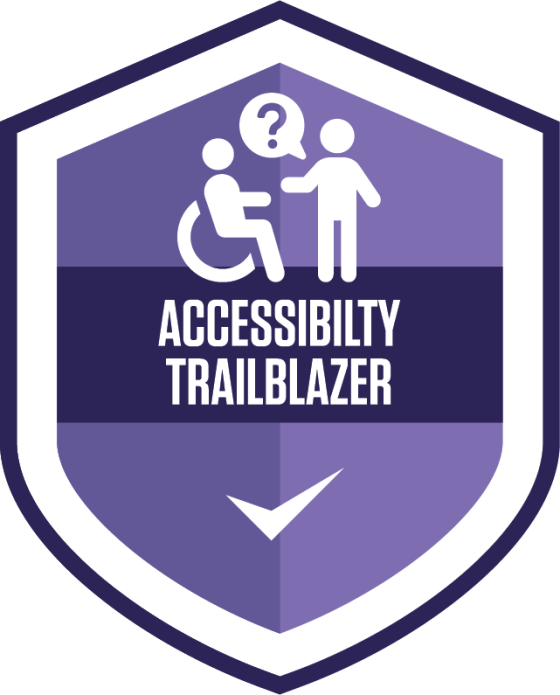 Accessibility Trailblazer badge, with a person in a wheelchair and a question mark above their head.