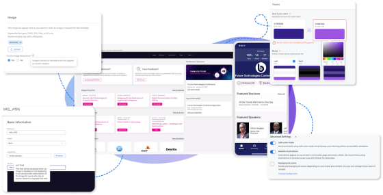 Multiple screenshots of a website, including a color palette and an accessibility settings dialog box.