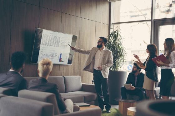 Man giving presentation with screen behind him, others listening and a plant in the room.