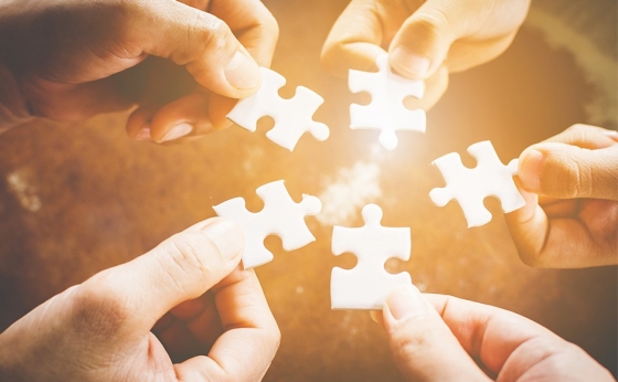 A group of people hold white jigsaw puzzle pieces, symbolizing unity and teamwork in integration.