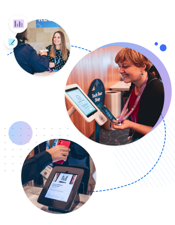 Graphic with three images of people checking in to an event using digital badges and tablets.