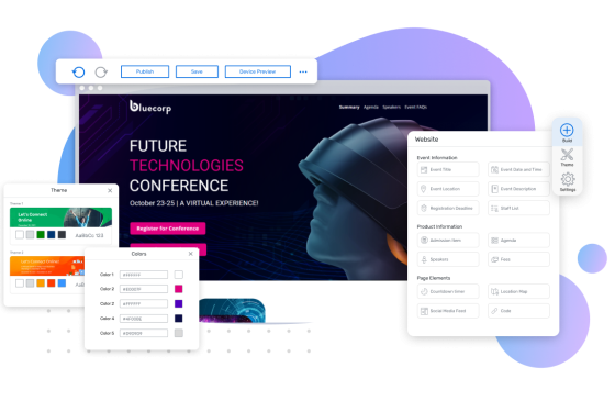 Website builder with a virtual event template on the screen and the editing panel on the left.