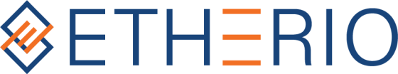 Etherio logo with a square, blue and orange color scheme, and a geometric design on a white background.