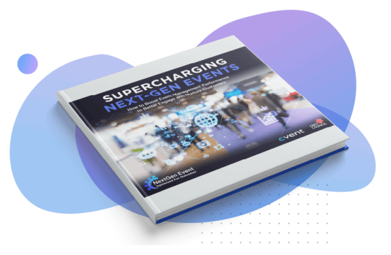 Book cover titled "Supercharging NextGen Events" with a blue background and an architectural view.