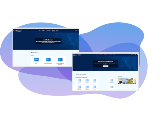 CAIS attendee hub website page showing sponsors, featured sessions and other information on a black background.