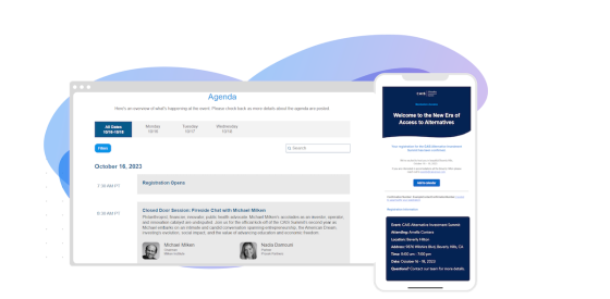 An agenda page on a desktop and a registration confirmation email on a mobile device.