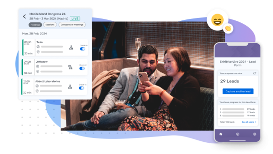Two people sitting together with a phone and a tablet with a calendar app and a lead form.