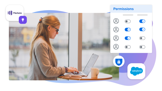 Salesforce integration with Marketo, showing a woman using a laptop and a permissions window.
