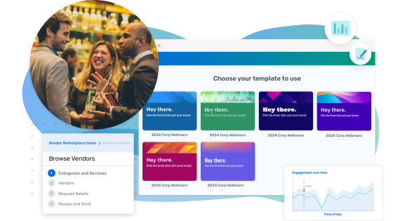 Vendor Marketplace with a menu of templates on the right and a pop-up on the left.