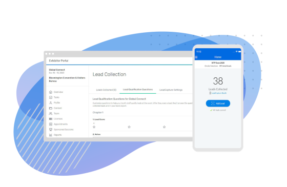 A screen displaying the lead collection page and a mobile phone displaying the leads collected.