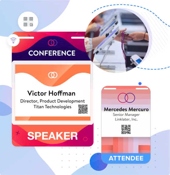 Badges for Victor Hoffman and Mercedes Mercero with a QR code on each badge.