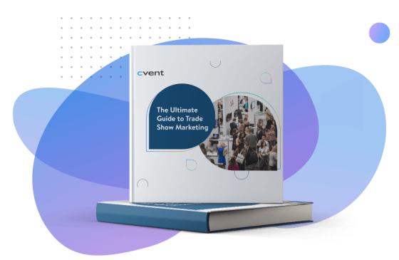 A trade show marketing book by event on a blue background with abstract shapes and a black background.