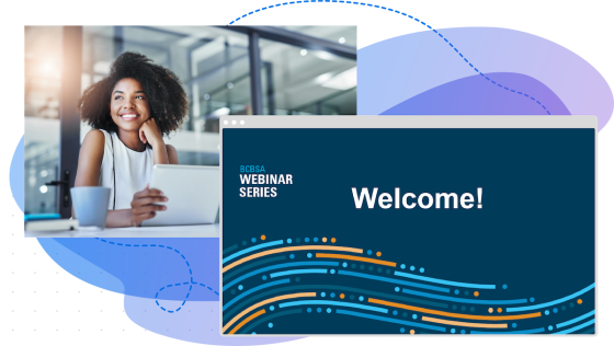 BCBSA webinar series welcome page on a screen with a woman sitting in an office background.