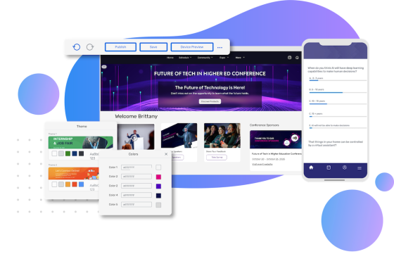 Event website design of Future of Tech in Higher Ed Conference website with purple and blue abstract background.