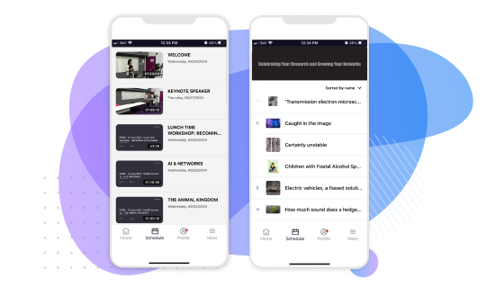 Two phones show the home and schedule screen of the app with tabs at the bottom.