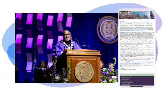 Portland University president standing at podium speaking with phone displaying information about the event.