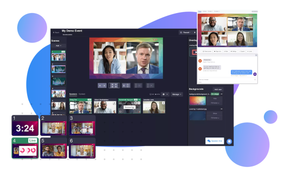 Screenshot of Studio showing a live event, chat window, and speaker chat in the side panel.