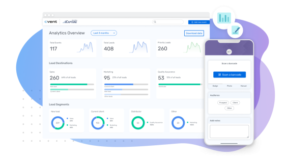 Event capture analytics overview dashboard with a mobile device to scan barcodes next to it.