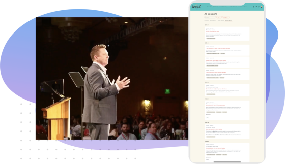 A man is giving a speech on a stage in front of a crowd at a conference.