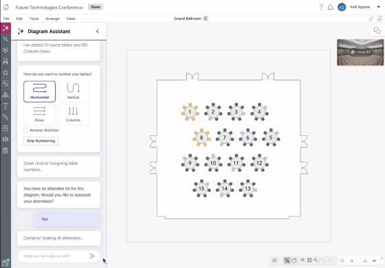 The Diagram Assistant window is open on the left side of the screen with the Grand Ballroom open.