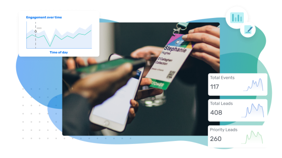 A marketer VP reviewing event analytics with a tablet and a badge in hand.
