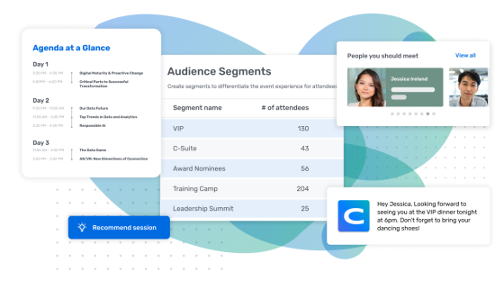 Marketer VP showing the agenda at a glance, audience segments, and people you should meet.