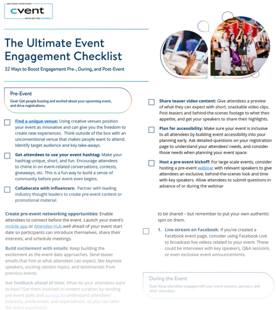 The Ultimate Event Engagement Checklist is a graphic with blurred background and people in the background.