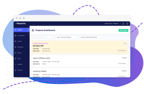 Reposition projects dashboard with four projects, one of which has new activity and is paid.