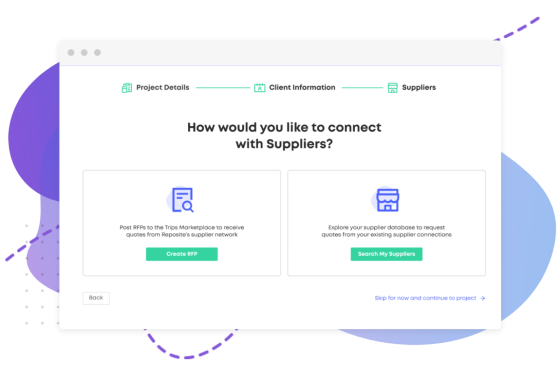 Supplier onboarding tool showing options to create RFPs or search for suppliers