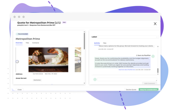 Quote for Metropolitan Prime (1/1) popup with a quote and an overview of the venue.