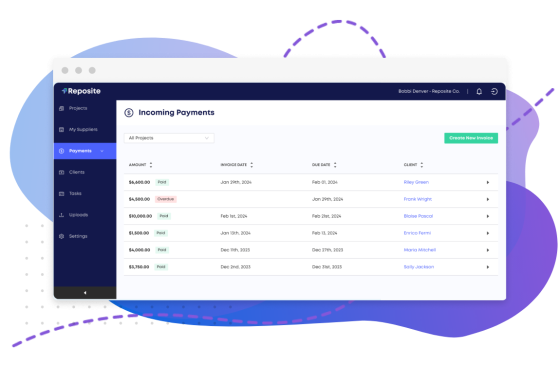 Incoming payments tab in Repostie app, showing paid and overdue payments and their due dates.