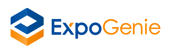 Expo Genie logo features a blue cube with a square cutout and orange text on a black background.
