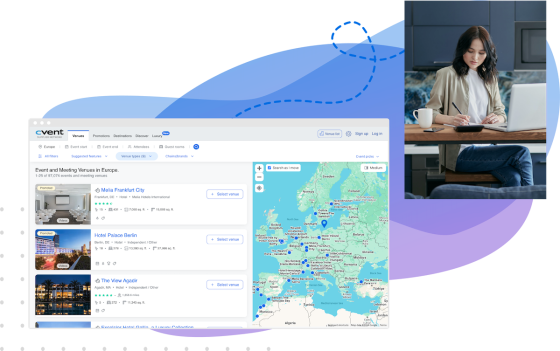 A screenshot of the CWT Event Network platform with a map and a photo of a woman working.