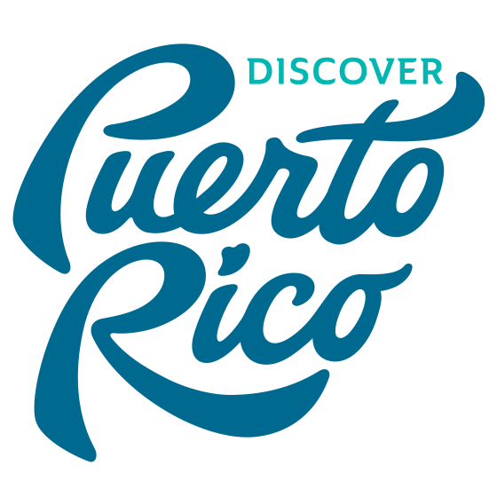 Discover Puerto Rico logo in blue on black background with blue border around the outside.