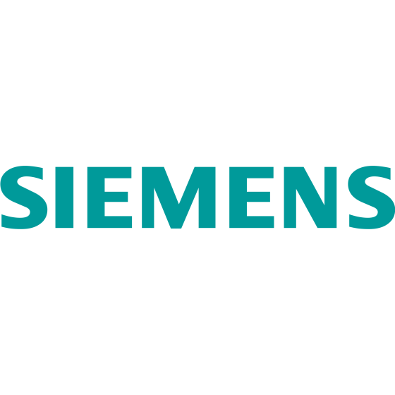 Siemens logo on a black background with blue font, representing the brand's identity and values.