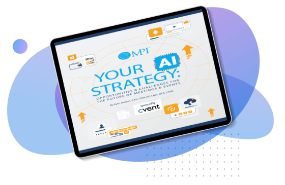 Tablet displaying the cover of a white paper about artificial intelligence strategy for meetings and events.