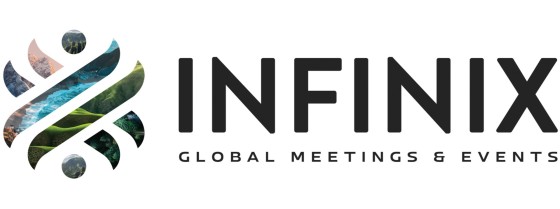 The Infinix logo features a globe with the text "GLOBAL MEETINGS & EVENTS" and a vibrant design.