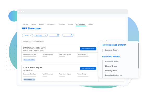 RFP Showcase Venue Planner view of LeMaire Resort and additional venues that match saved criteria.