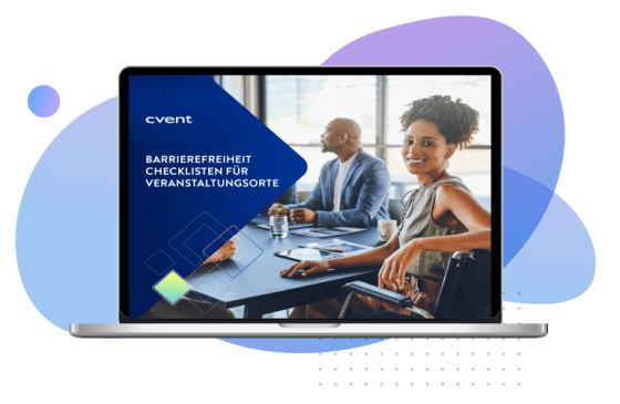 Laptop mockup with a woman in a wheelchair and the text "Barrierefreiheit checklisten für Veranstaltungsorte"
