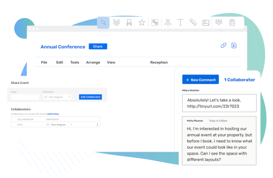 A screenshot of a website showing the annual conference, share event, and a new comment from a collaborator.