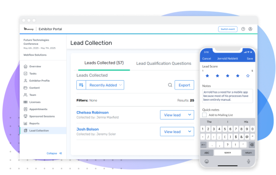 Bluecorp Exhibitor Portal with lead collection feature, demonstrating the ability to quickly collect and qualify leads.