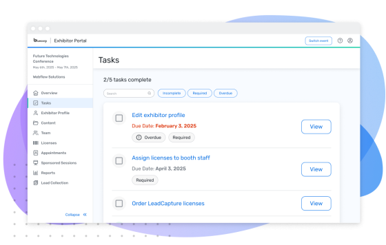 A screenshot of an exhibitor portal with three tasks listed under the tasks tab.